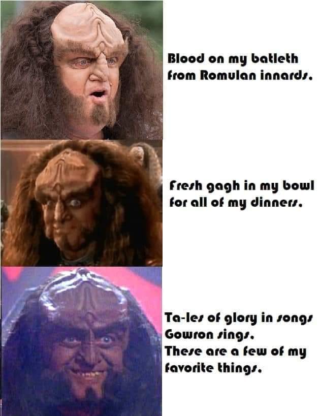 This meme is a humorous take on the Star Trek franchise, specifically the Klingon species. It features a picture of a Klingon warrior with a caption that reads: "Blood on my bat'leth from Romulan innards. / In 2-3 sentences: This meme is a play on the Klingon warrior's "blood on my bat'leth" phrase, but replaces the "blood" with "innards from a Romulan" which is a humorous twist on the original phrase.